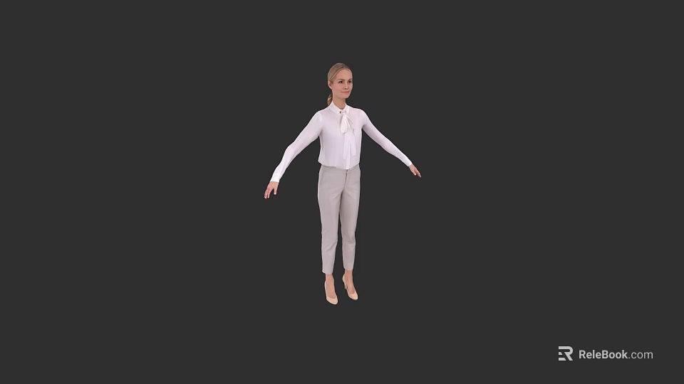 Woman in White Shirt and Beige Pants with Arms Outstretched Against Black Background 3d model 