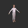 Woman in White Shirt and Beige Pants with Arms Outstretched Against Black Background