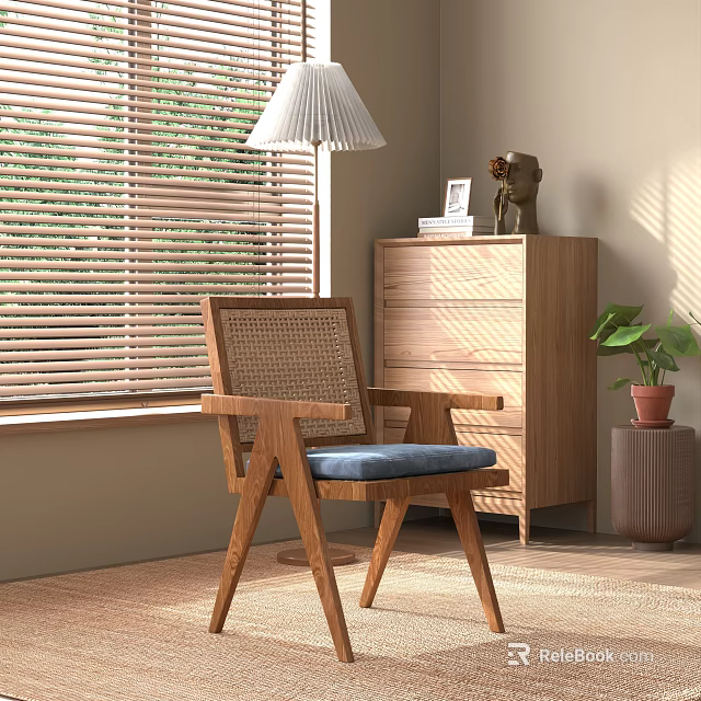 Leisure Chair With Rattan Backrest Wooden Frame Blue Cushion In Bright Room By Window Blinds 3d model 