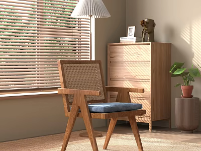 Leisure Chair With Rattan Backrest Wooden Frame Blue Cushion In Bright Room By Window Blinds 3d model