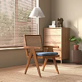 Leisure Chair With Rattan Backrest Wooden Frame Blue Cushion In Bright Room By Window Blinds