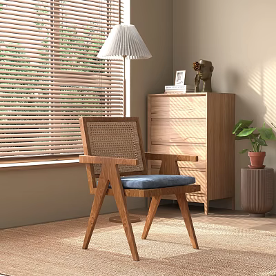 Leisure Chair With Rattan Backrest Wooden Frame Blue Cushion In Bright Room By Window Blinds 3d model
