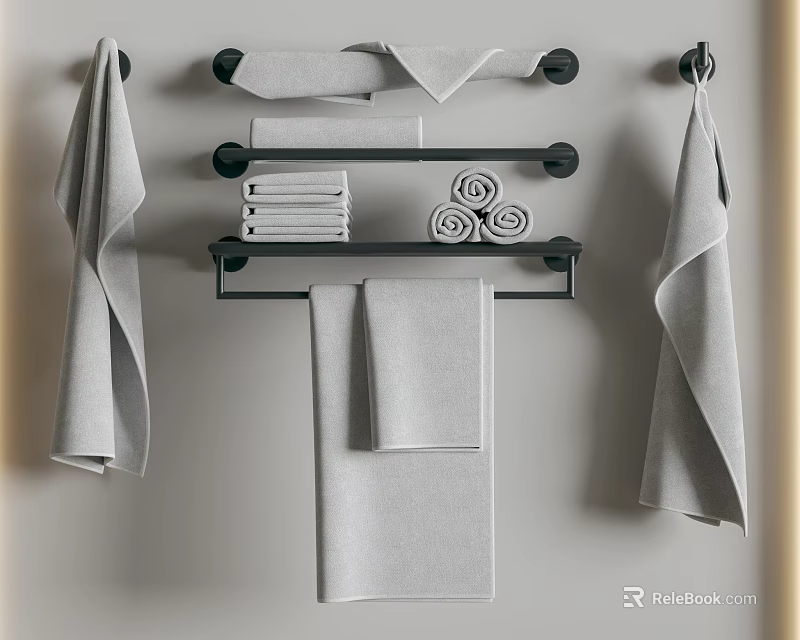 Bathroom Accessories Black Towel Racks With Hanging Folded And Rolled Gray Towels 3d model 