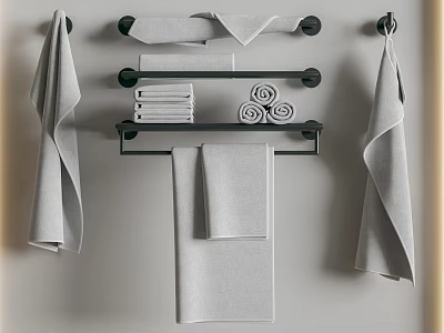Bathroom Accessories Black Towel Racks With Hanging Folded And Rolled Gray Towels 3d model