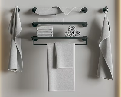 Bathroom Accessories Black Towel Racks With Hanging Folded And Rolled Gray Towels 3d model