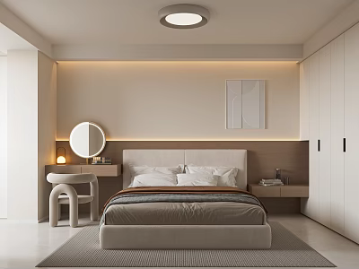 Modern Minimalist Bedroom Interior Design With Upholstered Headboard White Wardrobes Round Mirror And Neutral Tones 3d model