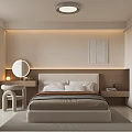 Modern Minimalist Bedroom Interior Design With Upholstered Headboard White Wardrobes Round Mirror And Neutral Tones