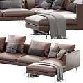 Modern Brown Leather Sectional Sofa With Multiple Plush Cushions And Ottoman 3d model