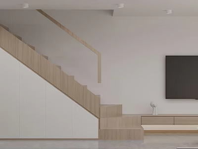 Modern Apartment Interior Featuring Wooden Staircase TV And White Cabinets 3d model
