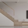Modern Apartment Interior Featuring Wooden Staircase TV And White Cabinets
