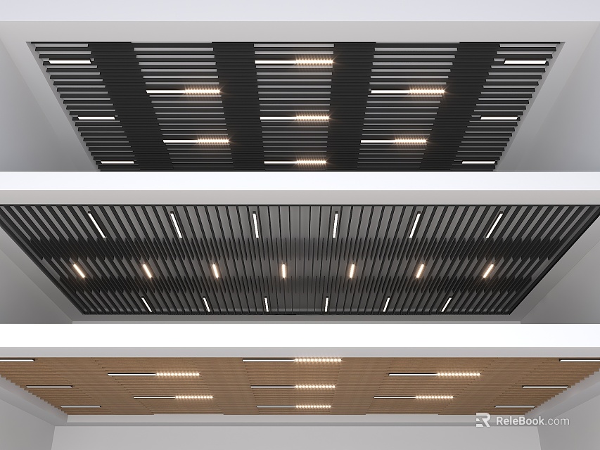 Modern Ceiling Design Featuring Slatted Panels With Integrated LED Lights And Wooden Accents 3d model 
