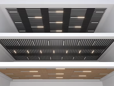 Modern Ceiling Design Featuring Slatted Panels With Integrated LED Lights And Wooden Accents 3d model