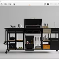 Mobile Black Kitchen Cart With Grill Spices Cooking Utensils And Fruits