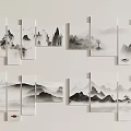 Chinese Ink Landscape Paintings With Mountains Water Flying Birds And Red Sun Boat