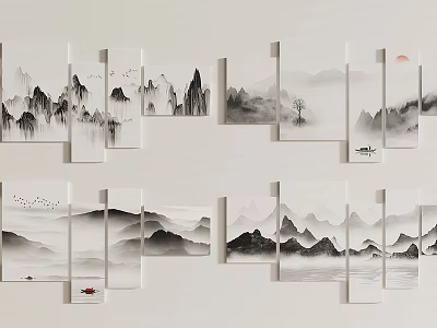 Chinese Ink Landscape Paintings With Mountains Water Flying Birds And Red Sun Boat 3d model