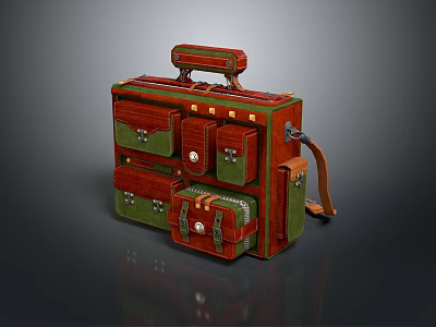 Vintage Suitcase With Multiple Pockets In Red And Green Color Design 3d model