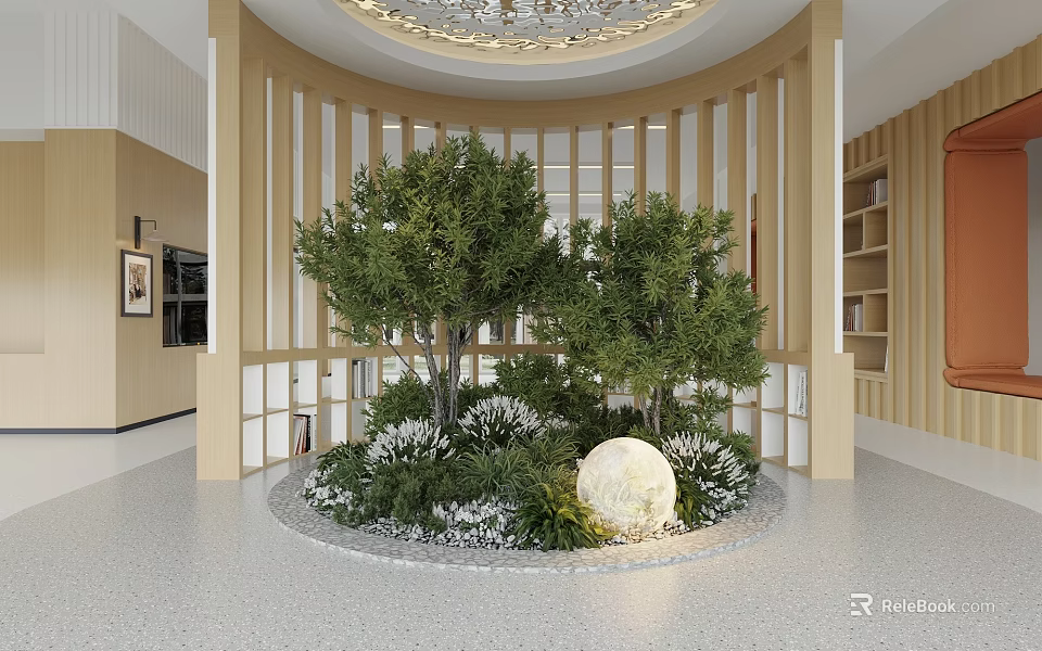 Decorative Rockery Stone Centerpiece with Greenery Illuminated Orb and Wooden Screen in Lobby 3d model 