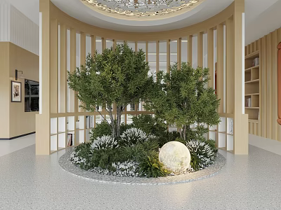 Decorative Rockery Stone Centerpiece with Greenery Illuminated Orb and Wooden Screen in Lobby 3d model
