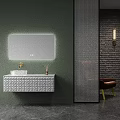 Modern Bathroom Vanity Cabinet With White Patterned Design And Illuminated Mirror On Green Wall
