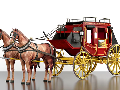 Vintage Red Carriage with Black Top Pulled by Two Brown Horses and Yellow Wheels 3d model