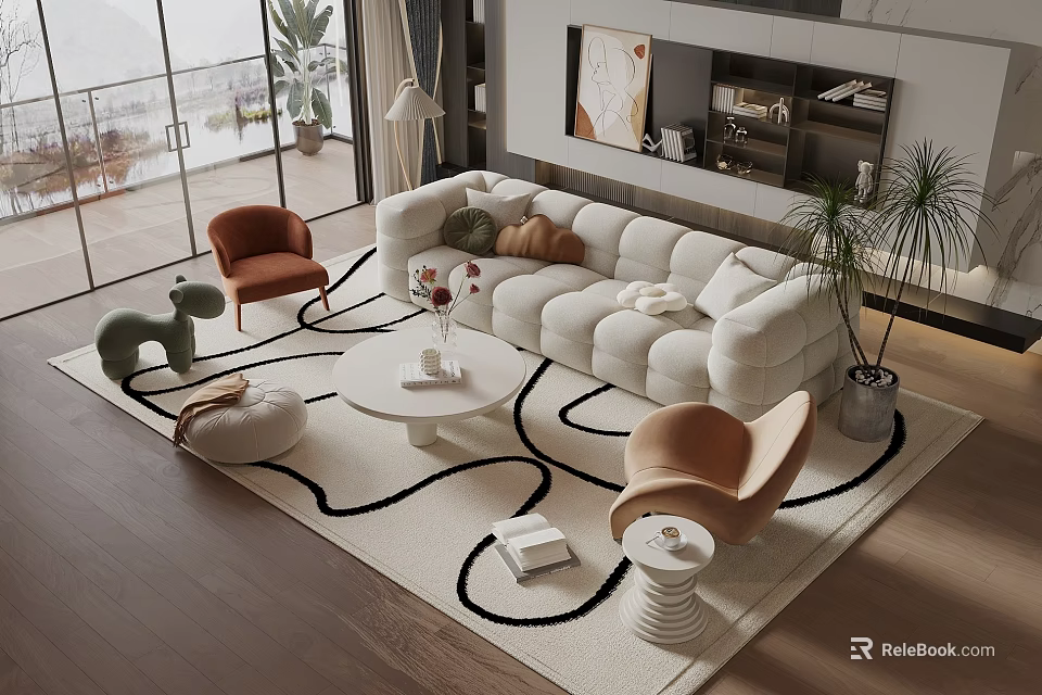 Modern Sofa And Coffee Table Set With White Upholstery Orange Chairs Area Rug And Plants 3d model 