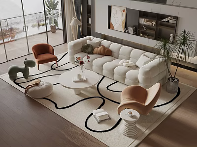 Modern Sofa And Coffee Table Set With White Upholstery Orange Chairs Area Rug And Plants 3d model