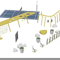 Outdoor Fitness Sports Area With Yellow Climbing Frames Parallel Bars Tennis Court And People Exercising