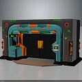 Futuristic Sci Fi Entrance Structure With Blue Red Accents And Green Control Panels