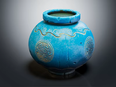 Blue Traditional Pottery Vase With Golden Intricate Patterns And Smooth Surface 3d model