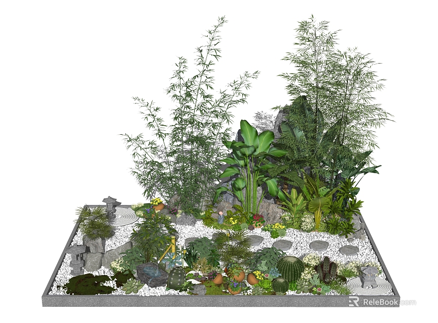 Natural Garden Stepping Stones Landscape Design With Bamboo Banana Plants Greenery And Pebbles 3d model 
