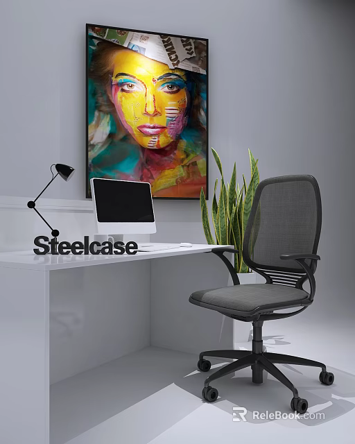 Steelcase Office Desk Setup With Computer Monitor Desk Lamp Chair Green Plant And Colorful Painting 3d model 