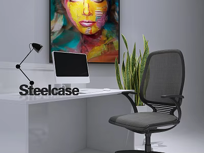 Steelcase Office Desk Setup With Computer Monitor Desk Lamp Chair Green Plant And Colorful Painting 3d model
