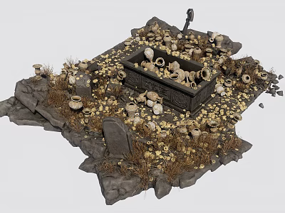 Old Public Facility Ruins With Stone Structure Clay Pots Bones And Weeds 3d model