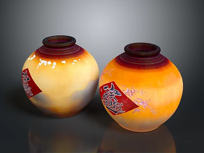 Decorative Ceramic Vases With Yellow Red Gradient And Oriental Patterns 3d model