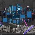 Crushed Stones With Neon Lights And Multiple City Screens On Gray Wall Installation