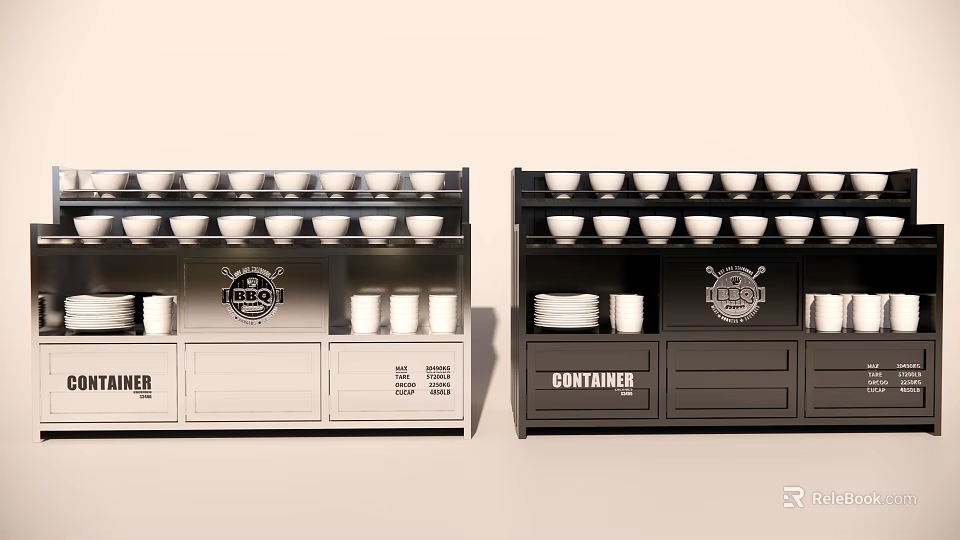 Light And Dark Display Cabinets With Bowls Cups Plates And Container Label 3d model 
