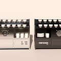 Light And Dark Display Cabinets With Bowls Cups Plates And Container Label