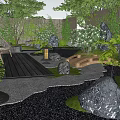 Japanese Courtyard Garden With Wooden Deck Stone Lanterns Small Bridge Green Plants And Bamboo Fence