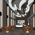 Modern Elegant Sales Office Lobby With Chandeliers Tables Chairs Decorative Paintings Floor to Ceiling Windows