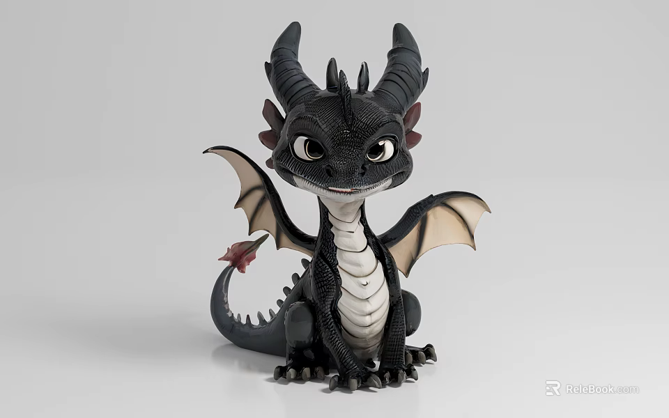 Cute Black Dragon Figure With Horns Wings And White Underbelly Design 3d model 