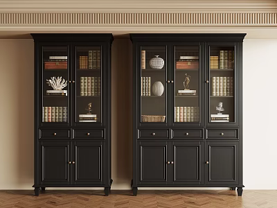 Classic Black Bookcases With Glass Doors And Decorative Items Inside 3d model