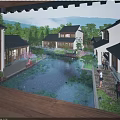 Ancient Architecture Scenic View With Pond Lotus Leaves Pedestrians And Mountain Backdrop