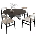 Round Black Dining Table Set With Four Chairs Light Seats Black Frames And Decorative Vase 3d model