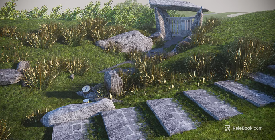 Natural Stone Entrance Gate Surrounded By Green Grass And Stone Path 3d model 