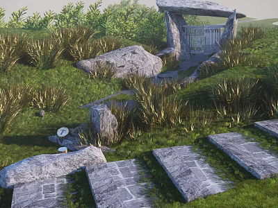 Natural Stone Entrance Gate Surrounded By Green Grass And Stone Path 3d model