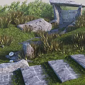 Natural Stone Entrance Gate Surrounded By Green Grass And Stone Path