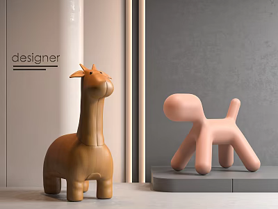 Cute Designer Children's Chairs with Giraffe and Balloon Dog Shapes in Brown and Pink 3d model