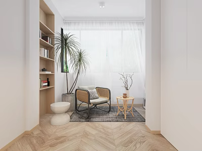 Modern Living Room With Comfortable Accent Chair Light Wood Floor Bookshelf Potted Plants And Small Round Table 3d model