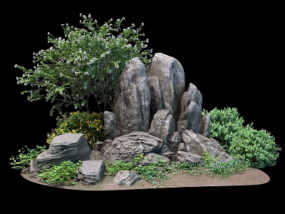 Stone and Wood Natural Garden Landscape with Green Plants Tree and Bushes 3d model