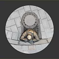 Bronze Sculpture of Man Resting on Circular Stone Pavement with Manhole Cover